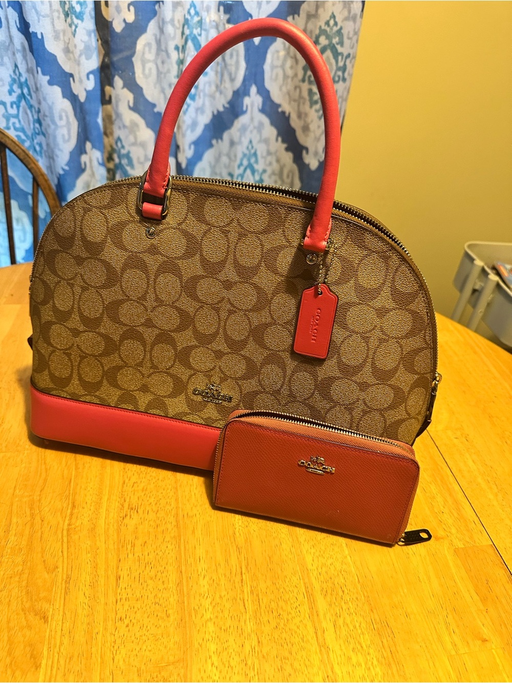 Coach Brown Signature Dome Satchel with Pink Trim and Matching Pink Wallet